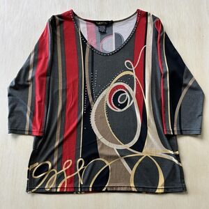 Valentina Blouse Womens Medium Multicolor Geometric Rhinestone Scoop 3/4 Sleeve